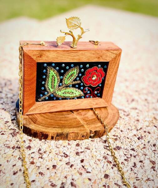 Beaded Flower Wooden Handbag