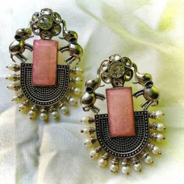German Silver Premium Quality Silver Plated Stone Work Designer Earring for Women and Girls.